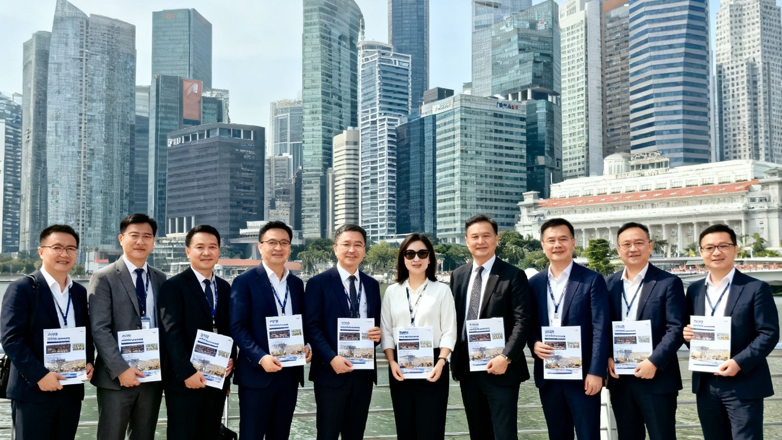 公海贵宾会组织的新加坡市场考察团在滨海湾合影，团员们手持考察资料袋，背景为新加坡金融区现代建筑群