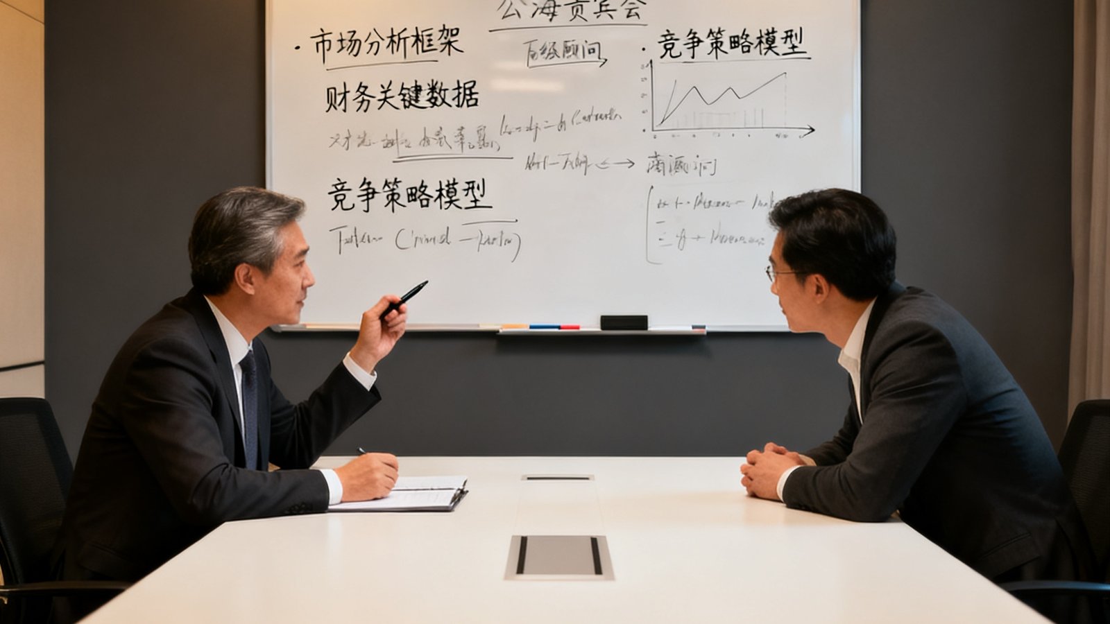 公海贵宾会高级顾问与企业家在私密会议室中进行一对一战略咨询，白板上写满分析框架与关键数据，双方神情专注投入